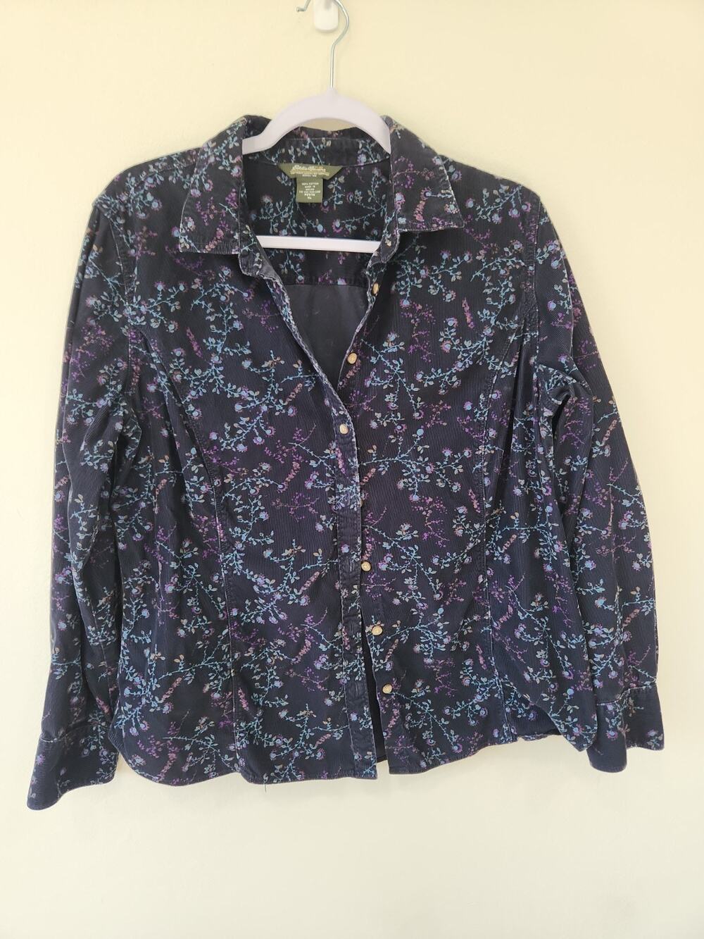 Eddie Bauer Vintage Corduroy Button Down Top Shirt Purple Paisley Petite Large